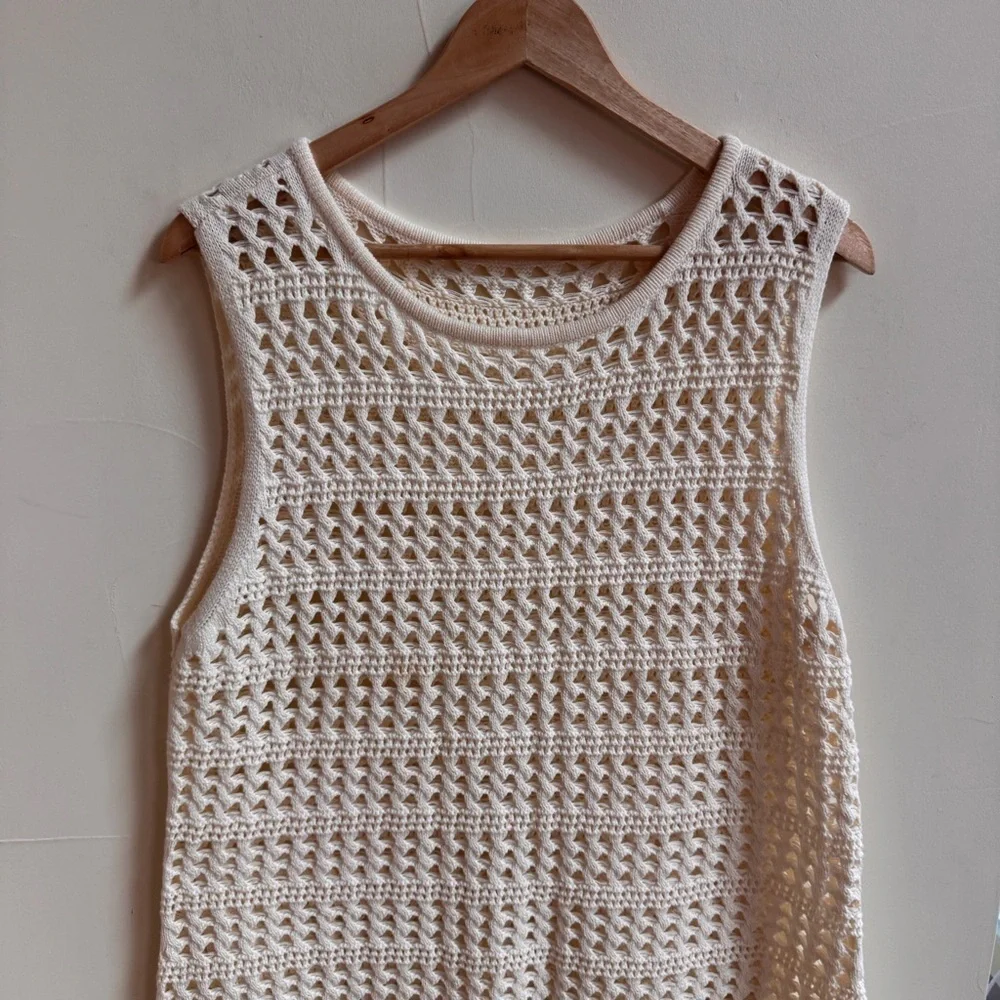 Ivory Open Knit Sleeveless Sweater Tunic Swim Cover Dress Womens Size L Beach